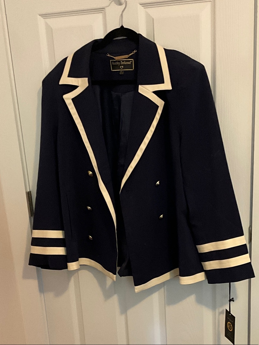 kathy ireland Navy Blazer with White Trim and Gold Buttons - Double-Breasted